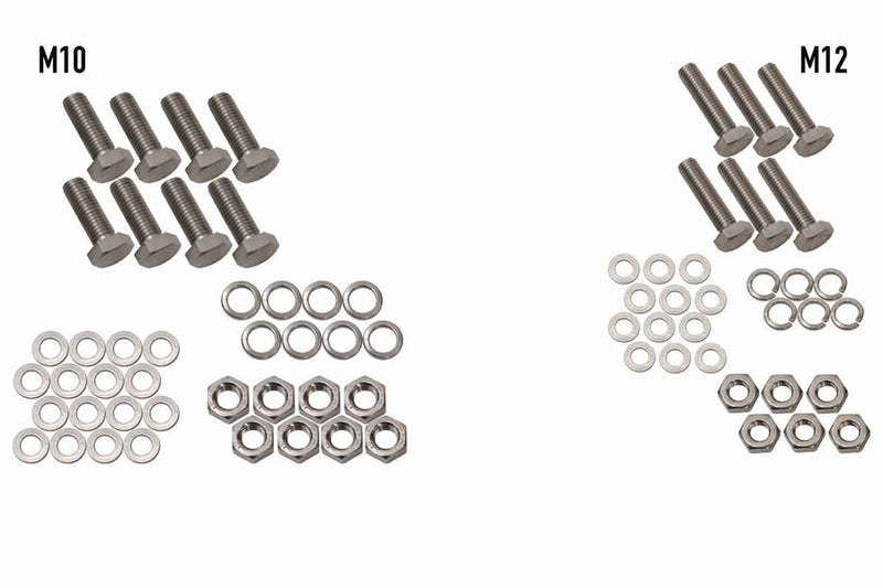 Load image into Gallery viewer, Alt text: &quot;Hardware kit for Fishbone Offroad Barracuda Modular Bumper installation, including M10 and M12 bolts, washers, and nuts for Jeep Wrangler JK, JKU, JL, JLU, and Gladiator JT.&quot;
