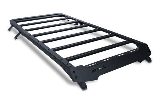 Alt text: "Attica Terra Series Full Length Roof Rack for Ford Bronco 2021-2024, heavy-duty off-road design with ATTICA branding, isolated on black background."