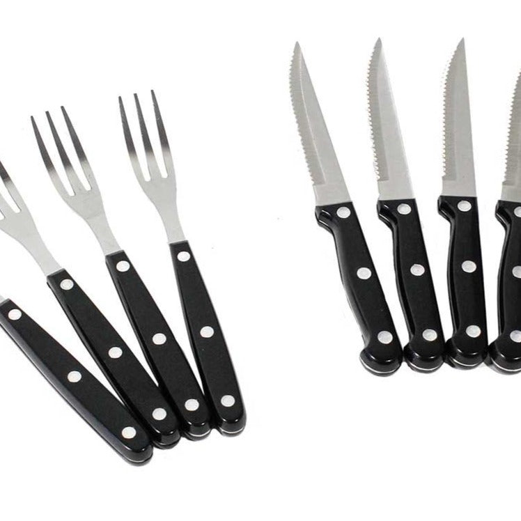 Load image into Gallery viewer, Stainless steel camping utensils set including knives and forks with black handles from Front Runner Camp Kitchen Utensil Set.
