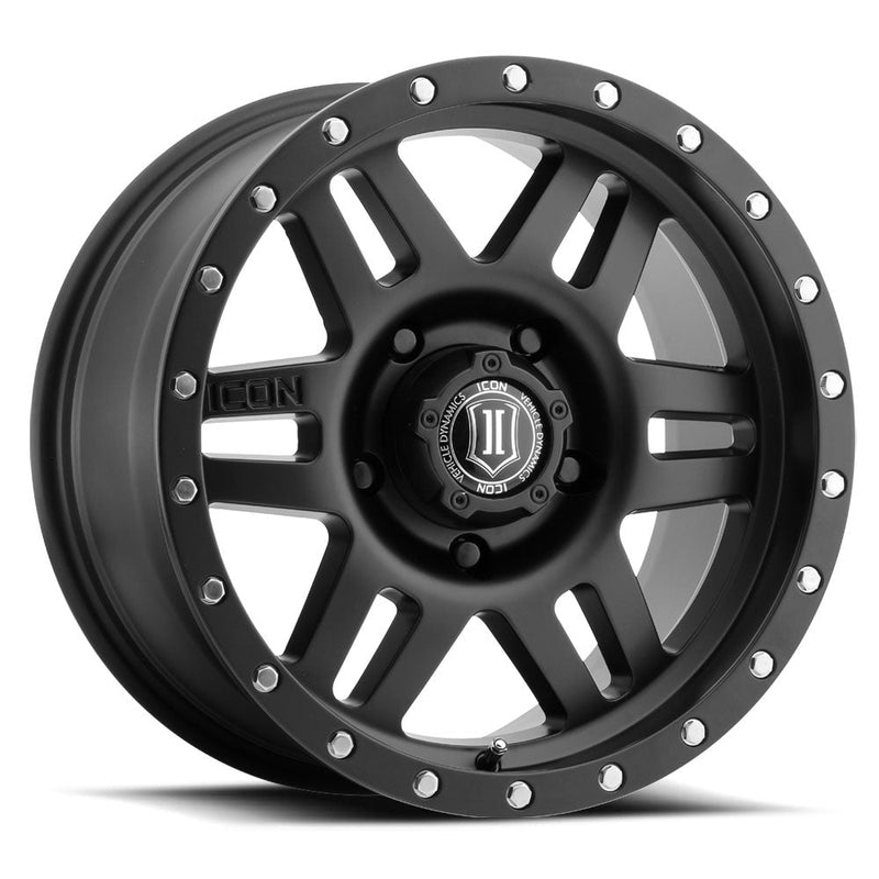 Load image into Gallery viewer, ICON Vehicle Dynamics Six Speed Satin Black wheel, featuring a durable, modern design with contrasting rivet details and branded center cap.
