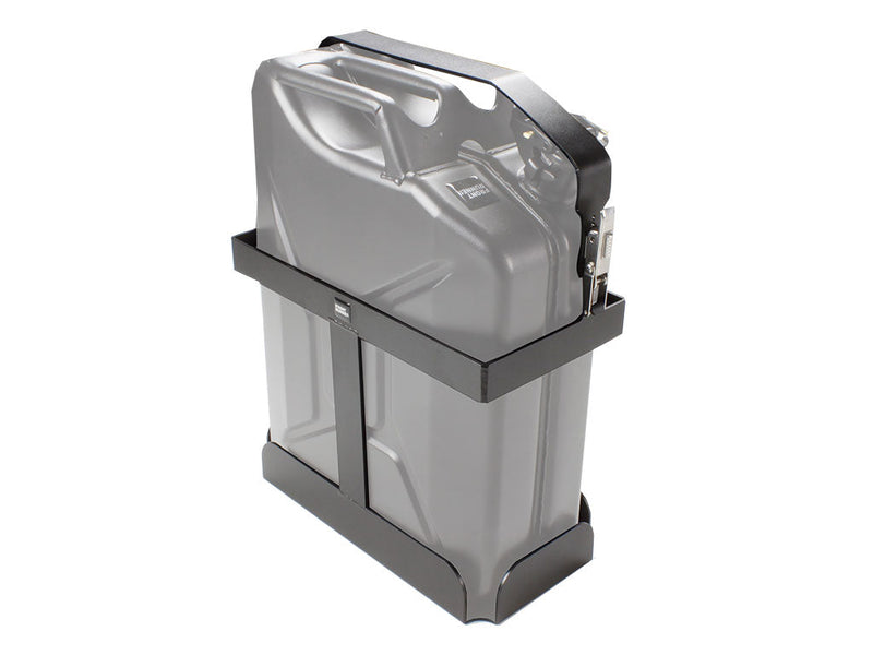 Load image into Gallery viewer, Front Runner Vertical Jerry Can Holder with a metal jerry can secured in a durable mount designed for off-road vehicles.
