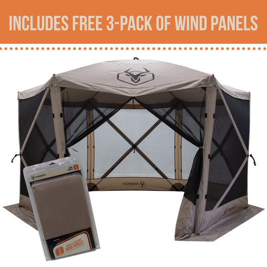 Gazelle Tents G6 6-Sided Portable Gazebo erected with one door open, displaying free 3-pack of wind panels included in offer.