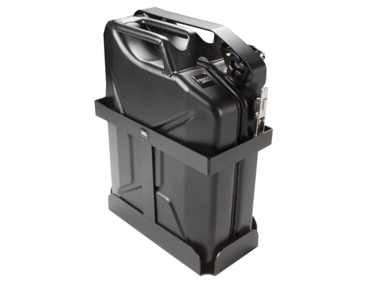 Black Front Runner Vertical Jerry Can Holder with secure fuel storage container for off-road vehicles