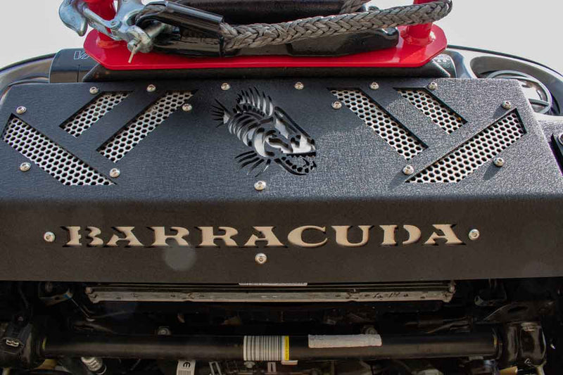 Load image into Gallery viewer, Alt text: &quot;Close-up of Fishbone Offroad Barracuda Modular Bumper for Jeep Wrangler JK JKU JL JLU &amp; Gladiator JT, featuring engraved logo and fishbone design on black steel with red winch.&quot;
