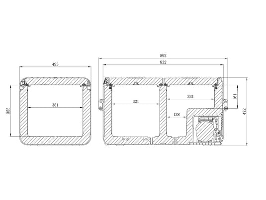 "Technical blueprint of Front Runner Dometic CFX3 75DZ Dual Cooler/Freezer showing dimensions"