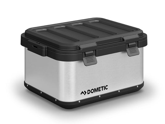 Alt text: "Front Runner Dometic Portable Gear Storage Hard Sided 50L in Slate color featuring secure lock tabs and durable handle."