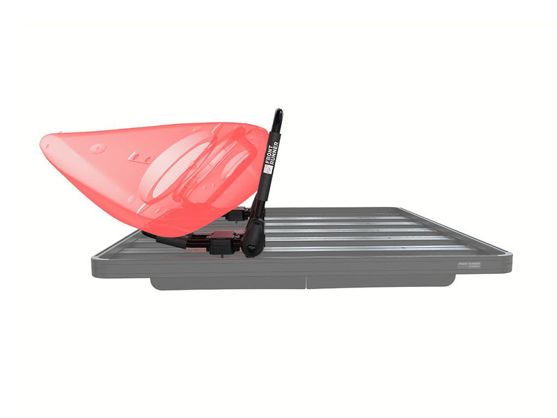 Load image into Gallery viewer, &quot;Front Runner Kayak Carrier with a foldable J-style cradle on a roof rack holding a red kayak&quot;
