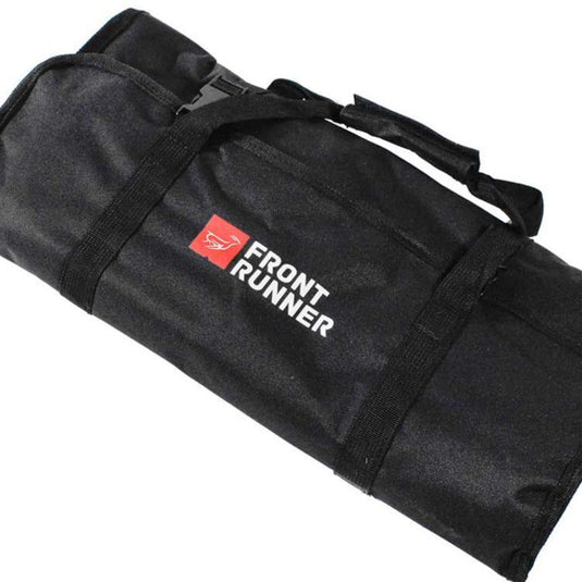 Front Runner rolled-up camp kitchen utensil set in a black carry bag with logo