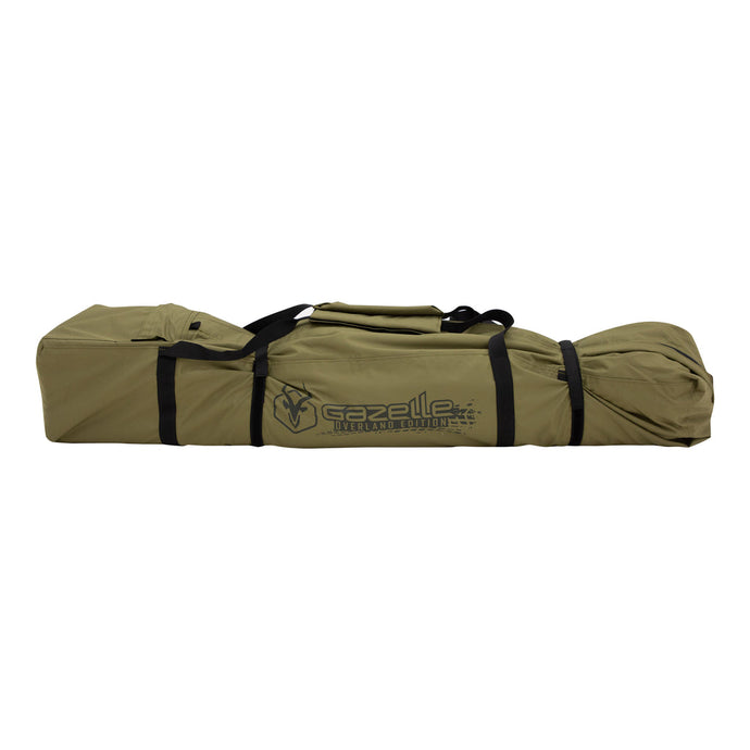 Alt text: inchGazelle Tents T3X Water-Resistant Duffle Bag in a tan color with black straps, featuring logo and 'Overland Edition' text.inch