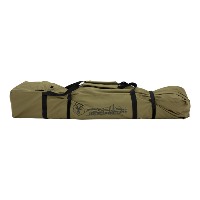 Load image into Gallery viewer, Alt text: &quot;Gazelle Tents T3X Water-Resistant Duffle Bag in a tan color with black straps, featuring logo and &#39;Overland Edition&#39; text.&quot;
