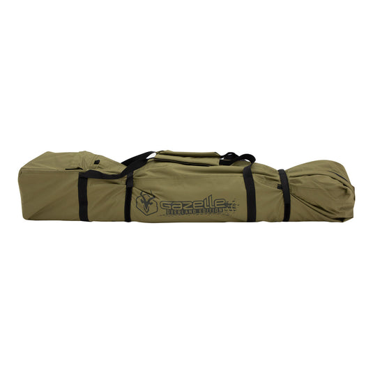 Alt text: "Gazelle Tents T3X Water-Resistant Duffle Bag in a tan color with black straps, featuring logo and 'Overland Edition' text."