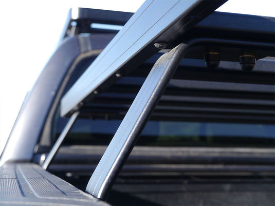 Close-up of Front Runner Slimline II Load Bed Rack Kit installed on a Toyota Tundra DC 4-Door Pickup Truck (2007-Current)