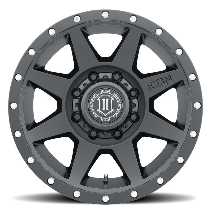 Load image into Gallery viewer, ICON Vehicle Dynamics Rebound wheel in satin black finish with silver rivet detailing and center logo cap.
