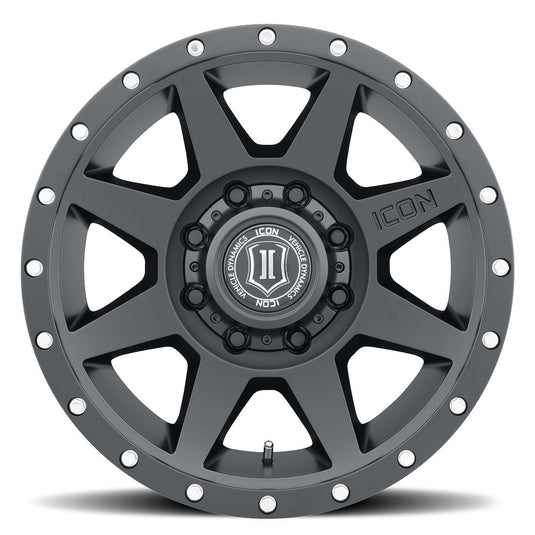 ICON Vehicle Dynamics Rebound wheel in satin black finish with silver rivet detailing and center logo cap.