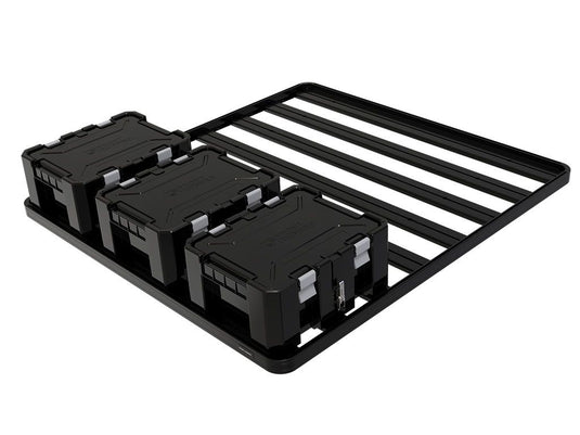 Front Runner Wolf Pack Pro storage boxes securely mounted on rack mounting brackets, ideal for vehicle organization solutions