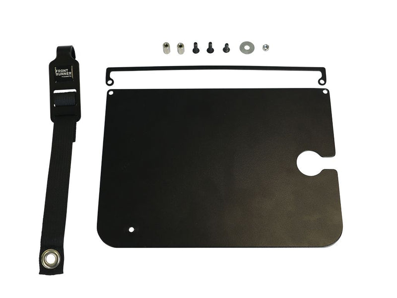 Load image into Gallery viewer, Alt text: &quot;Components of Front Runner Expander Chair Side Table including black table top, mounting bracket, screws, and strap on white background.&quot;
