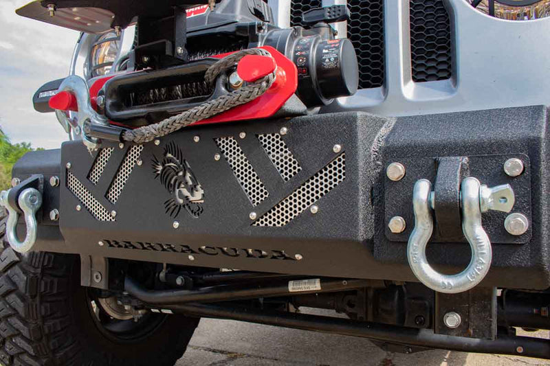 Load image into Gallery viewer, Alt text: &quot;Fishbone Offroad Barracuda Modular Bumper installed on a Jeep Wrangler with red tow hooks and winch.&quot;
