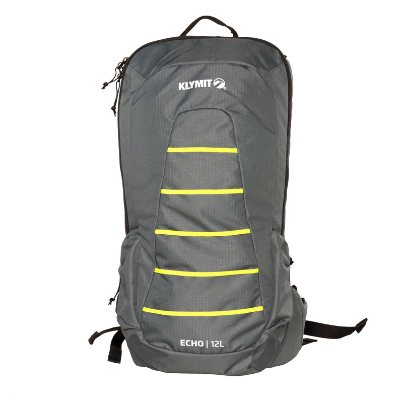 Load image into Gallery viewer, Klymit Echo 12L hydration pack with reflective yellow stripes on grey background
