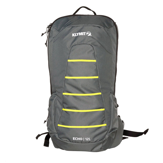 Klymit Echo 12L hydration pack with reflective yellow stripes on grey background