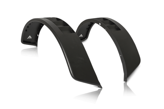 Alt text: "Attica black rear fender flares for 2021-2024 Ford Bronco 2Dr and 4Dr models isolated on black background."