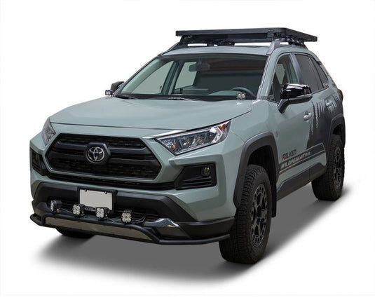 2019 Toyota RAV4 Adventure with Front Runner Slimline II Roof Rack and TRD-Offroad package, equipped with auxiliary lights and off-road tires.
