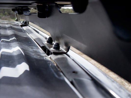 Close-up of Front Runner Slimline II Roof Rack Kit installed on Toyota Tundra Crew Max, showcasing low profile design and durable build.