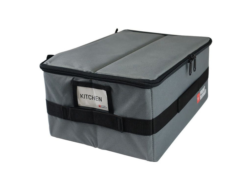 Load image into Gallery viewer, Gray Front Runner Flat Pack storage box for kitchen gear with zippers and handles.

