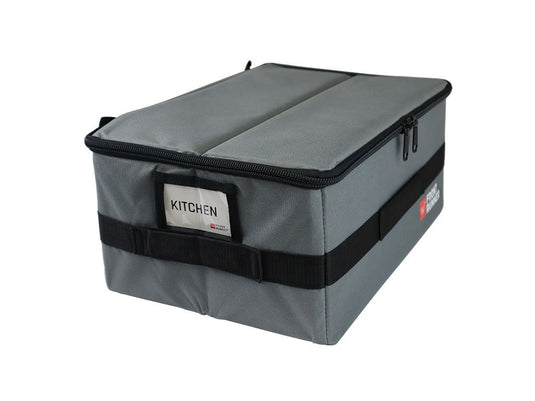 Gray Front Runner Flat Pack storage box for kitchen gear with zippers and handles.