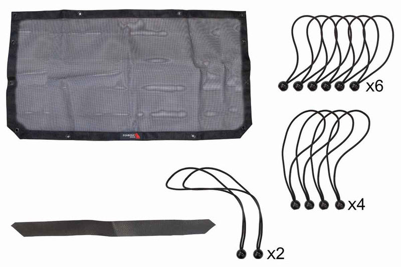 Load image into Gallery viewer, Alt text: &quot;Fishbone Offroad sun shade kit for Jeep Wrangler JL, JLU &amp; Gladiator JT, showing mesh top cover and multiple bungee cords.&quot;
