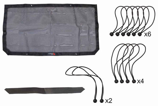 Alt text: "Fishbone Offroad sun shade kit for Jeep Wrangler JL, JLU & Gladiator JT, showing mesh top cover and multiple bungee cords."
