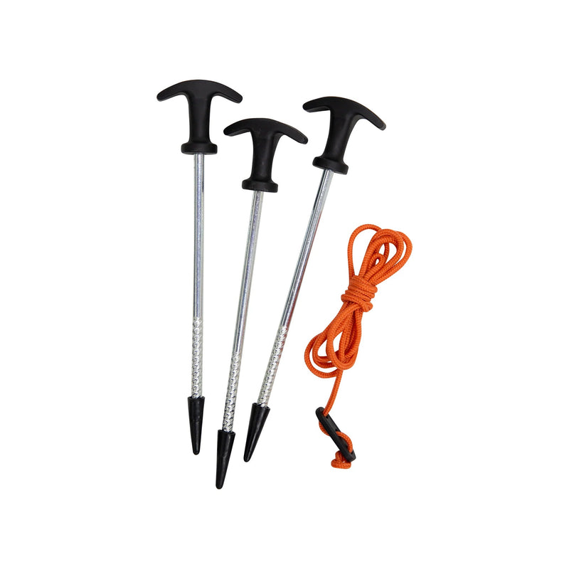 Load image into Gallery viewer, Gazelle Tents 12-pack all-terrain tent stakes with black plastic T-top handles and orange guy line on white background.
