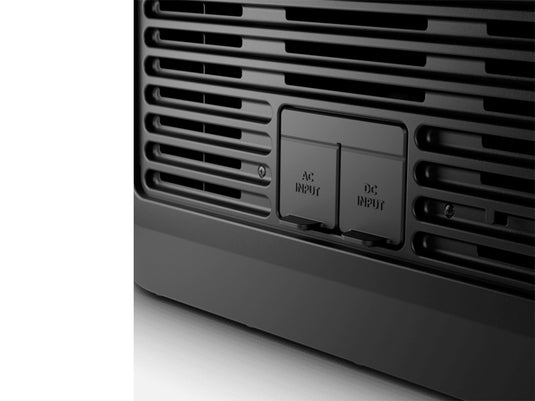 Close-up of AC and DC input ports on Front Runner Dometic CFX3 75DZ Dual Zone Portable Cooler/Freezer