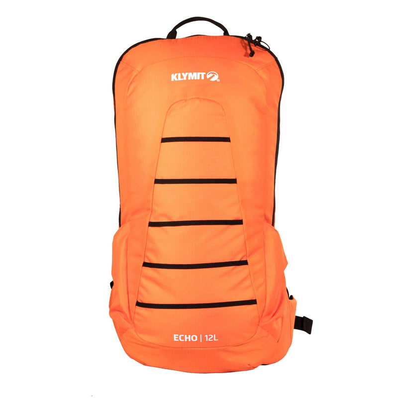 Load image into Gallery viewer, Klymit Echo 12L Hydration Pack in bright orange with reflective strips and logo branding
