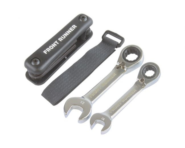 Front Runner Multi Tool Kit including a pocket knife, bottle opener, file, and open-end wrenches laid out on a white background.