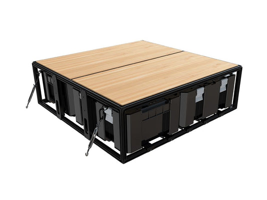 "Front Runner 4 Wolf Pack Pro Asymmetric vehicle storage system kit with secure latches and durable wooden table top."