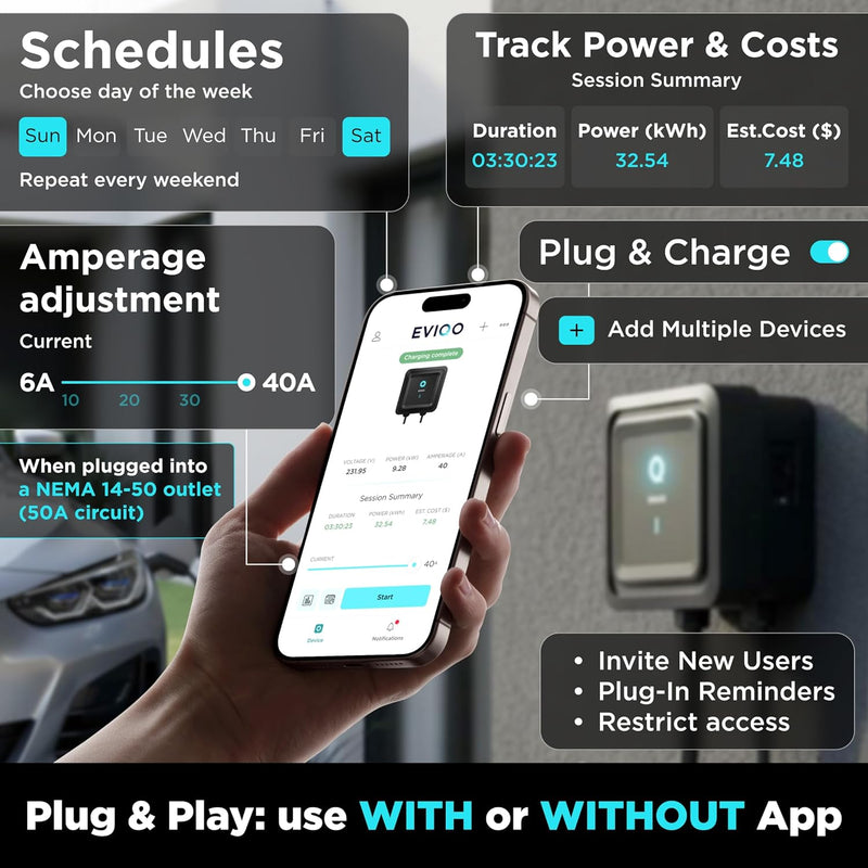 Load image into Gallery viewer, EVIQO Level 2 EV Charger, 40A (9.6kW), 240V, NEMA 14-50 Plug-in, J1772 for Non-Tesla EVs
