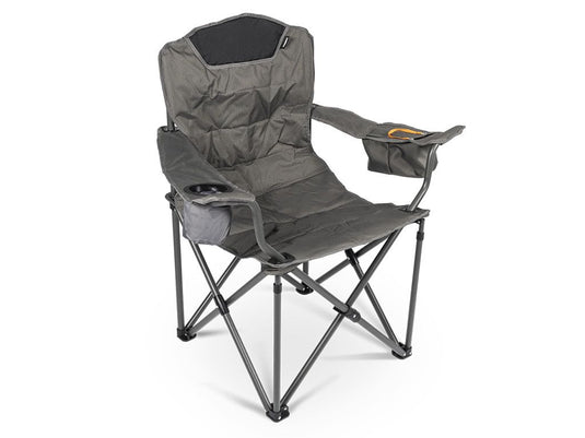Alt text: inchFront Runner Dometic Duro 180 folding chair in gray with durable frame and attached cup holder, isolated on a white background.inch