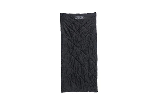 Freespirit Recreation black sleeping bag on a white background, compact and lightweight design for camping.
