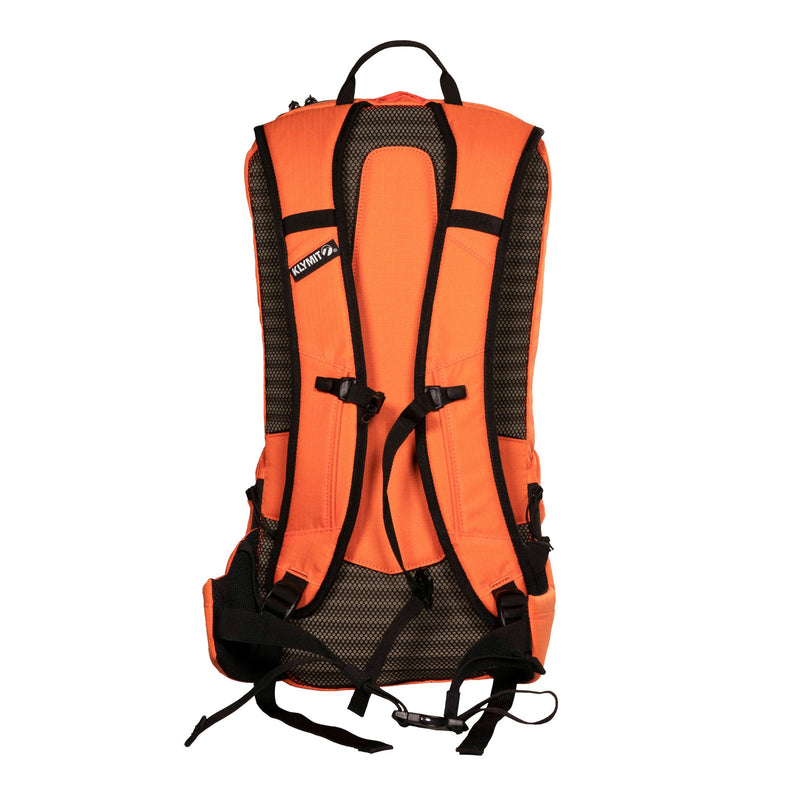 Load image into Gallery viewer, Klymit Echo 12L Hydration Pack in bright orange with adjustable straps and breathable mesh back panel, isolated on a white background.
