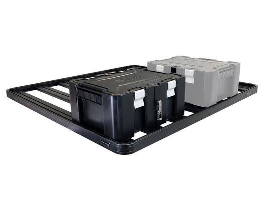 Front Runner Wolf Pack Pro storage boxes securely mounted on black rack with mounting brackets.