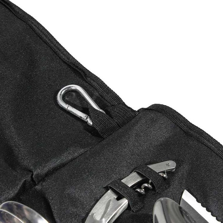 Load image into Gallery viewer, Close-up of Front Runner Camp Kitchen Utensil Set in a portable black case with carabiner and stainless steel tools.
