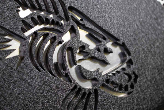 Close-up of Fishbone Offroad Barracuda Modular Bumper logo detail for Jeep Wrangler JK, JKU, JL, JLU, and Gladiator JT