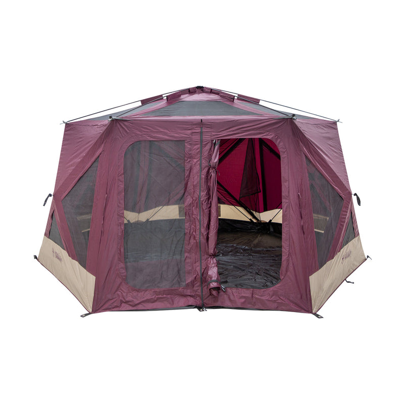 Load image into Gallery viewer, Alt text: &quot;Gazelle T-Hex Hub Tent Overland Edition set up showcasing its spacious design and maroon canopy with fine mesh windows.&quot;
