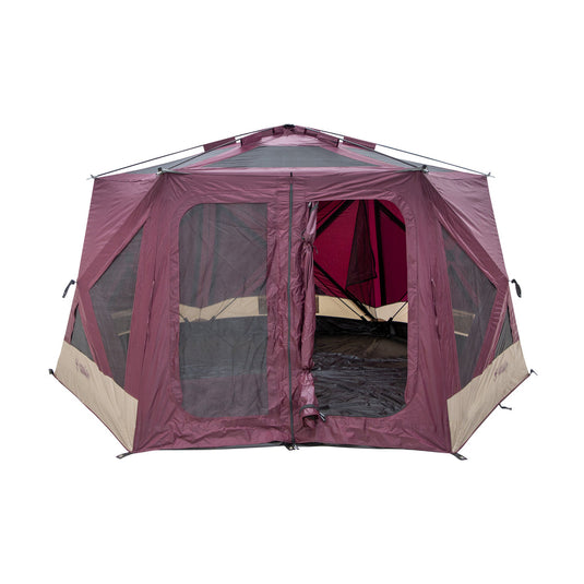 Alt text: "Gazelle T-Hex Hub Tent Overland Edition set up showcasing its spacious design and maroon canopy with fine mesh windows."