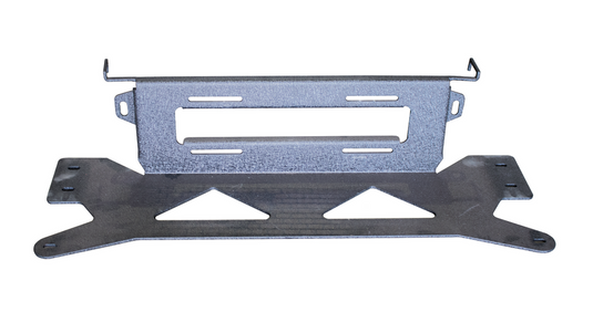 Alt text: "Fishbone Offroad winch plate for 2021 Ford F-150 designed for Pelican Front Bumper, isolated on white background"