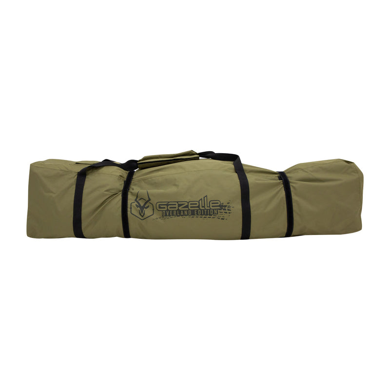 Load image into Gallery viewer, Gazelle Tents T3 Tandem water-resistant olive green duffle bag with black straps and brand logo.

