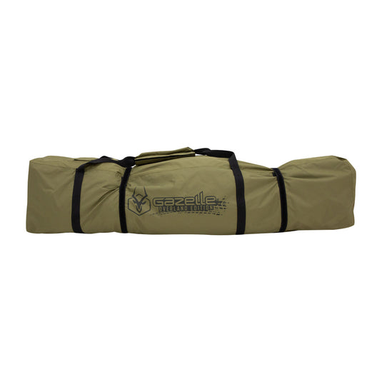 Gazelle Tents T3 Tandem water-resistant olive green duffle bag with black straps and brand logo.