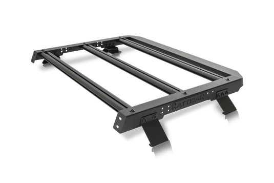 Alt text: "Attica 4x4 Ford Bronco 2021-2024 Terra Series Compact Roof Rack on a black background, showcasing the durable metal construction with the ATTICA brand clearly visible."