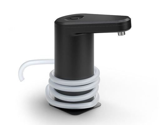 Alt text: "Front Runner Dometic Go compact black hydration water faucet with spiral design and white tubing on a white background."