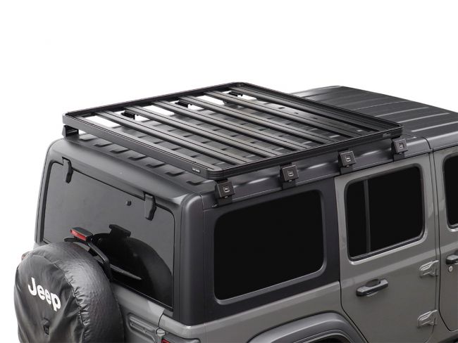 Load image into Gallery viewer, Front Runner Slimline II half roof rack kit installed on a 2018 Jeep Wrangler JL 4 Door, viewed from the rear angle highlighting the solid fit and sleek design.
